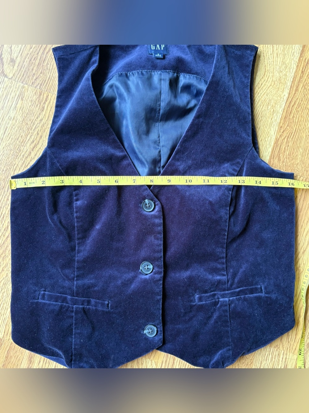 GAP Velvet Button Vest Waistcoat Navy Blue Office Tailored Layering Sz S - Picture 8 of 12